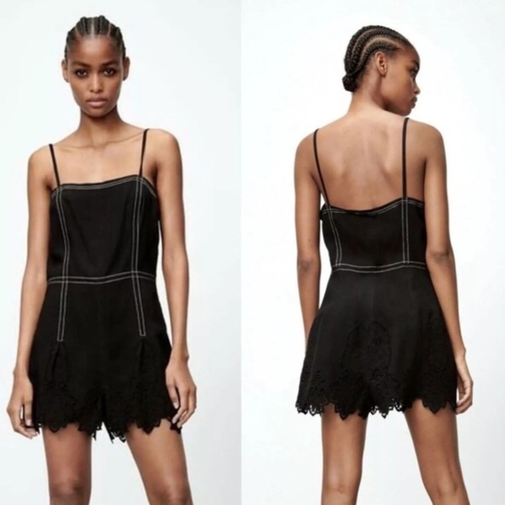 Zara black white 100% linen lace summer romper size small